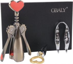 img 4 attached to OBALY 3-Piece Wing Corkscrew Wine Opener Set With Foil Cutter And Bottle Stopper - Brown