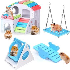 img 4 attached to 🐹 Set of 4 Hamster Toys - Dwarf Hamster House, Swing & Seesaw, DIY Wooden Gerbil Hideout Pet Exercise Toy - Sugar Glider Syrian Hamster Cage Accessories for Small Animals