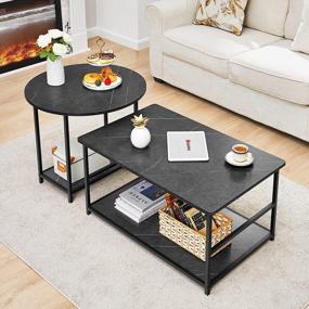 img 2 attached to WOHOMO Coffee Table Set Of 2, Small Round Side Table And Rectangular Nesting Coffee Table, 2 In 1 Industrial Modern Style Coffee Table For Living Room, Detachable 2 Pieces Set, Black Marble