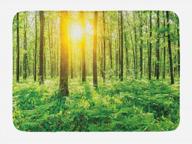 коврик для ванной woodland, весенняя свежесть леса, листва, солнечные лучи, восход солнца, природа, нескользящая подложка, 29,5 x 17,5 дюйма, зеленый желтый логотип