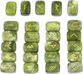 img 4 attached to SUNYIK Natural Green Jade Rune Stones Set With Engraved Elder Futhark Alphabet Lettering Polished Healing Crystal Kit