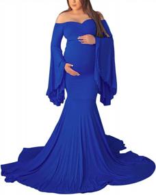 img 4 attached to JustVH Off Shoulder Mermaid Maternity Dress With Flare Sleeves And Half Circle Skirt For Baby Shower Photo Props