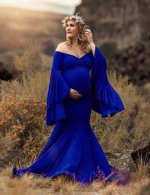 img 3 attached to JustVH Off Shoulder Mermaid Maternity Dress With Flare Sleeves And Half Circle Skirt For Baby Shower Photo Props