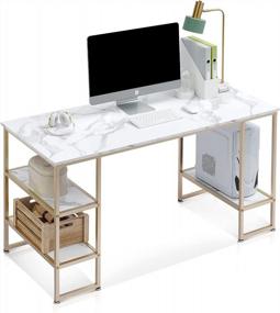 img 4 attached to Современный белый компьютерный стол с полками, подставкой для процессора и хранилищем - идеально подходит для офиса, учебы, письма и игр