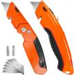 folding utility knife - 2-pack box cutters with zinc-alloy handle, quick-change blades, and storage design - ideal for cutting cartons, cardboard, and boxes – retractable blade feature logo