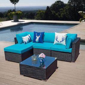 img 3 attached to Green4Ever Patio Furniture Set, 5Piece All Weather Outdoor Sectional Couch Sofa With Glass Table, Manual Weaving PE Wicker Conversation Set With Washable Cushions For Backyard, Garden, Porch, Poolside