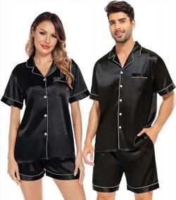 img 4 attached to Couple'S Satin Matching Pajamas Sets With Silk Button Down Nightwear Short Sleeve Sleepwear And Shorts Loungewear - 2 Pieces
