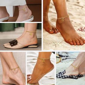 img 2 attached to Womens Trendy Initial Ankle Bracelets, Novelty Bamboo Design, Dainty Heart Layered Anklets, 18K Gold Plated 316L Stainless Steel, 8.5"-10.5" Adjustable, Come Gift Box