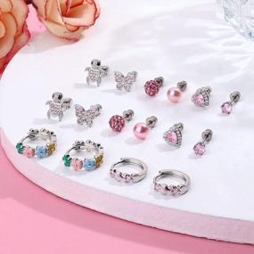 img 2 attached to 8 Pairs Hypoallergenic CZ Heart Hoop Earrings Studs For Women - Thunaraz 316L Stainless Steel Screwback Flower Butterfly 20G Set