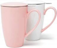 amhomel porcelain tea mug with infuser and lid, 16 ounce ceramic tea cup for loose leaf, coffee, cocoa and milk, tea gift for tea lovers, set of 2(pink and white) logo