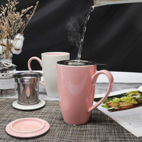 img 2 attached to Amhomel Porcelain Tea Mug With Infuser And Lid, 16 Ounce Ceramic Tea Cup For Loose Leaf, Coffee, Cocoa And Milk, Tea Gift For Tea Lovers, Set Of 2(Pink And White)