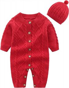 img 3 attached to JunNeng Baby Newborn Cotton Knitted Sweater Romper Longsleeve Outfit With Warm Hat Set