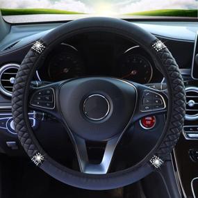 img 3 attached to 🚗 YOGURTCK Soft Leather Steering Wheel Cover with Colorful Crystal Rhinestones Diamond, Universal 15 Inch for Women Girls, Suitable for Vehicles, Sedans, SUVs, Vans, Trucks - Black