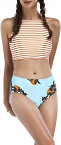 img 1 attached to Juniors Bandeau High Neck Bikini Set With Cross Tie Back & Mid Waist Bottom