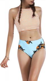 img 4 attached to Juniors Bandeau High Neck Bikini Set With Cross Tie Back & Mid Waist Bottom