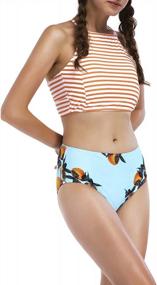 img 2 attached to Juniors Bandeau High Neck Bikini Set With Cross Tie Back & Mid Waist Bottom