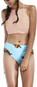 img 3 attached to Juniors Bandeau High Neck Bikini Set With Cross Tie Back & Mid Waist Bottom
