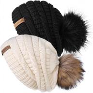2-pack of warm winter knit slouchy beanie hats for women with faux fur pom pom - ideal for skiing and skullcap style - furtalk logo