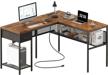 rustic brown l shaped computer desk with drawer, power outlets & grid storage bookshelf for home office logo