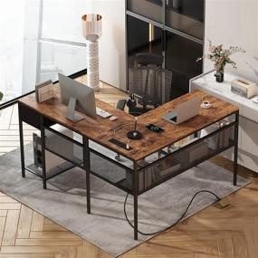img 3 attached to Деревенский коричневый L-образный компьютерный стол с выдвижным ящиком, розетками и книжной полкой для хранения сетки для домашнего офиса