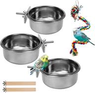 3-pack stainless steel bird feeding cups with clamp holder, ideal for parrots, parakeets, conures, cockatiels, lovebirds & more - includes 2 bird stand toys for budgies, chinchillas, and other small birds logo