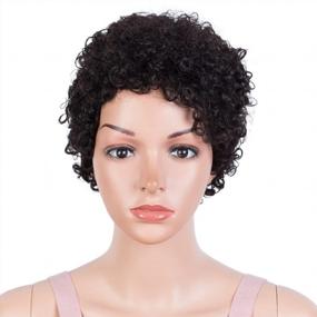 img 4 attached to Joedir Short Afro Curly Human Hair Wig With Bangs For Black Women - 130% Density, Pixie Cut Machine Made Wig (Black Color)