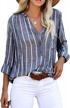 women's v-neck striped blouse with roll up sleeves and button down front logo