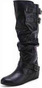 img 4 attached to Womens Wide Calf Slouchy Knee High Motorcycle Boots - Pull On Flat Style For Fall And Winter By Syktkmx
