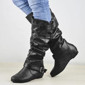 img 3 attached to Womens Wide Calf Slouchy Knee High Motorcycle Boots - Pull On Flat Style For Fall And Winter By Syktkmx