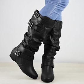 img 2 attached to Womens Wide Calf Slouchy Knee High Motorcycle Boots - Pull On Flat Style For Fall And Winter By Syktkmx