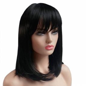 img 1 attached to Kanekalon парик из синтетических волос с челкой для женщин-черный боб средней длины, натуральный прямой крой, идеально подходит для косплея и повседневного использования