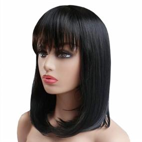 img 2 attached to Kanekalon парик из синтетических волос с челкой для женщин-черный боб средней длины, натуральный прямой крой, идеально подходит для косплея и повседневного использования