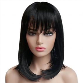 img 4 attached to Kanekalon парик из синтетических волос с челкой для женщин-черный боб средней длины, натуральный прямой крой, идеально подходит для косплея и повседневного использования