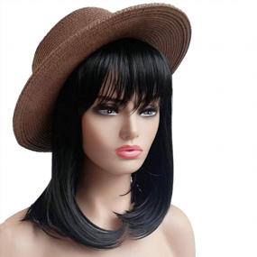 img 3 attached to Kanekalon Synthetic Hair Wig With Bangs For Women - Medium Length Black Bob, Natural Straight Cut, Perfect For Cosplay & Daily Use