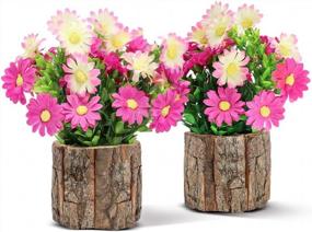 img 4 attached to Pretty In Pink: AceList Artificial Flowers In Log Planters For Rustic Home Decor & Mother'S Day Gifts