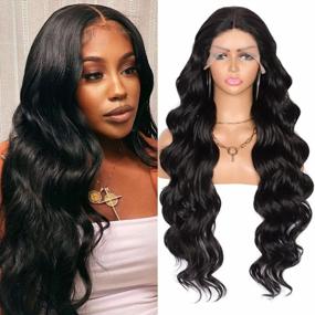 img 3 attached to Kalyss 31 Inch Black Synthetic Lace Front Wig With Baby Hair For Women Body Wave Hand-Tied Deep Middle Parting Swiss Soft Lace Frontal