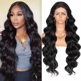 img 4 attached to Kalyss 31 Inch Black Synthetic Lace Front Wig With Baby Hair For Women Body Wave Hand-Tied Deep Middle Parting Swiss Soft Lace Frontal