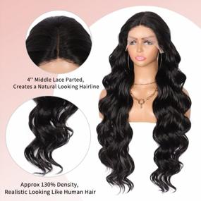 img 2 attached to Kalyss 31 Inch Black Synthetic Lace Front Wig With Baby Hair For Women Body Wave Hand-Tied Deep Middle Parting Swiss Soft Lace Frontal