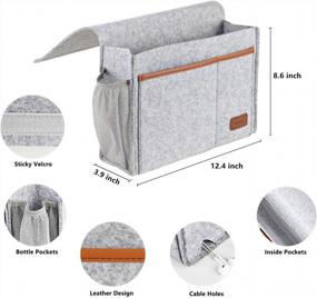 img 1 attached to Felt Bedside Caddy Organizer: 5 Pocket Holder For Books, Magazines, & Devices + Water Bottle & Remote Storage - Light Gray