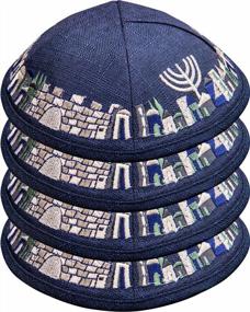 img 4 attached to Men'S 20Cm Blue Linen Kippah Hat With Jerusalem Old City & Menorah Embroidery - Yamaka