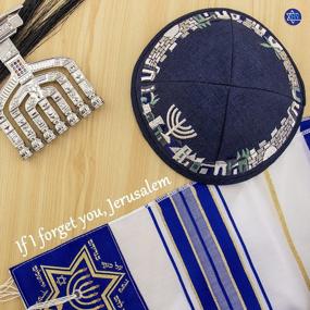 img 1 attached to Men'S 20Cm Blue Linen Kippah Hat With Jerusalem Old City & Menorah Embroidery - Yamaka