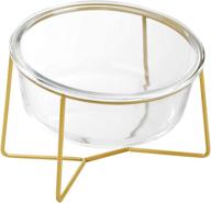 elevated pet feeding bowl with gold iron stand - large glass dish for comfortable cat and dog feeding of food and water logo