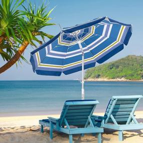 img 3 attached to 7.5FT Beach Umbrella Portable Outdoor Patio Sun Shelter с якорем для песка, ребрами из стекловолокна, кнопкой наклона и сумкой для переноски - синий / зеленый