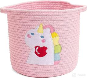 img 4 attached to 🦄 LixinJu Pink Unicorn Toy Storage Basket for Girls' Nursery Room, Small Woven Rope Round Bin for Organizing Baby Toys, Empty Gift