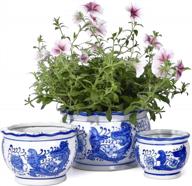 set of 3 ceramic planters 817 - blue and white flower pots with drainage hole, 7.5+5.5+4.1 inch logo