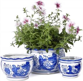 img 4 attached to Set Of 3 Ceramic Planters 817 - Blue And White Flower Pots With Drainage Hole, 7.5+5.5+4.1 Inch