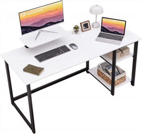 img 4 attached to White 55-Inch Computer Desk With Monitor Stand And Reversible Storage Shelves - Modern Writing Study Work Table For Home Office By GreenForest