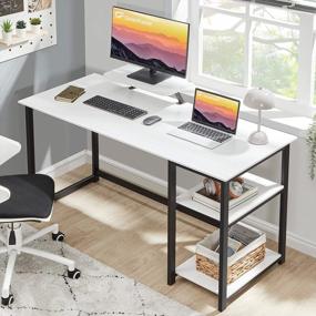 img 3 attached to White 55-Inch Computer Desk With Monitor Stand And Reversible Storage Shelves - Modern Writing Study Work Table For Home Office By GreenForest