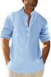 summer-ready henley shirt for men in linen-cotton blend fabric; long sleeve, hippie-inspired, beach & yoga friendly; plain and versatile casual tee for any occasion. logo