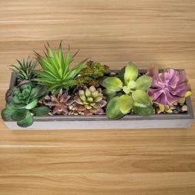 img 3 attached to Modern Gray Clay Planter Tray With 15-Inch Mixed Color Artificial Succulent Arrangement